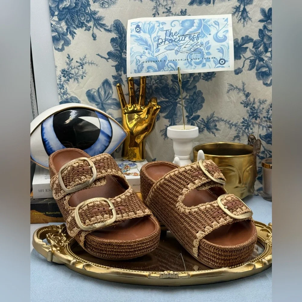 🆕 LOEFFLER RANDALL 🧿 NWOB Theo Embroidered Raffia Platform Sandal, Brown Sz 7